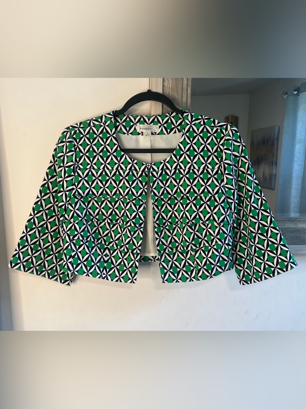 dressbarn Green, Black & White Geometric Cropped Blazer